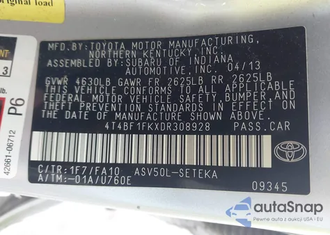 2013 Toyota Camry L z USA, uszkodzony, nr VIN 4T4BF1FKXDR308928